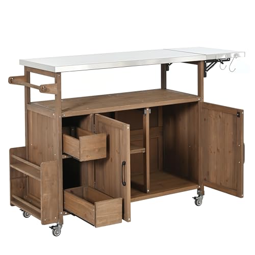 Christopher Knight Home Edsel Outdoor Bar Cart with Stainless Steel Top and Lockable Wheels, Solid Wood Outdoor Storage Cabinet, Kitchen Island Serving Cart for Poolside, Garden, Natural Brown+Silver