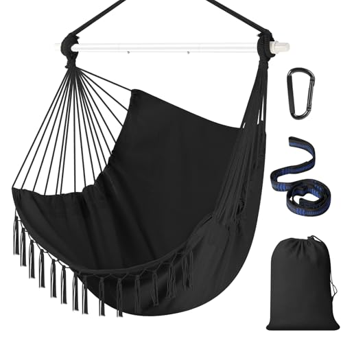 Hammock Chair Hanging Chair Heavy Duty 500 Lbs, Hanging Hammock Chair with Steel Spreader Bar & Adjustable Straps, Indoor Outdoor Hammock Swing for Bedroom Patio Porch Balcony Backyard Camping -Black