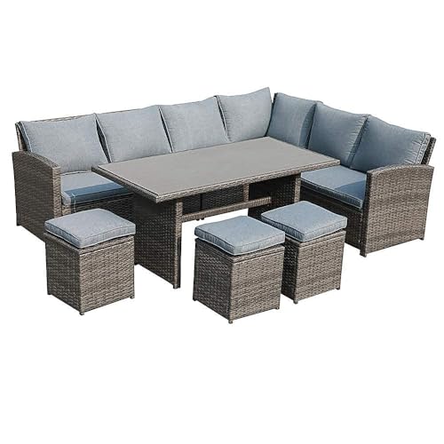 JOIVI Outdoor Patio Furniture Set, 7 Piece Patio Dining Sofa Set, Outdoor Sectional Couch Conversation Set All Weather Wicker Rattan Aluminum Desktop Dining Table & Chair with Ottomans, Gray Cushion