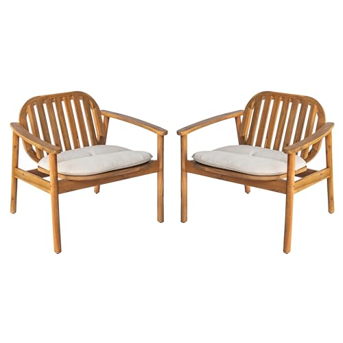 Christopher Knight Home Meja Acacia Wood Outdoor Club Chair Set of 2 with Cushion, Wooden Patio Accent Armchair, Comfy Lounge Chair Outdoor Set, Patio Furniture with Cushion, Teak+Beige