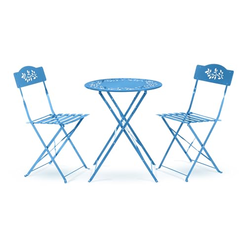 Alpine Corporation 3-Piece Bistro Set with Folding Table and 2 Chairs, Durable Steel Indoor/Outdoor Patio Furniture, Compact Seating, Blue