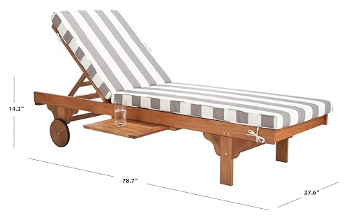 SAFAVIEH Outdoor Collection Newport Natural/ Grey & White Stripe Cushion Built-in Side Table Adjustable Chaise Lounge Chair