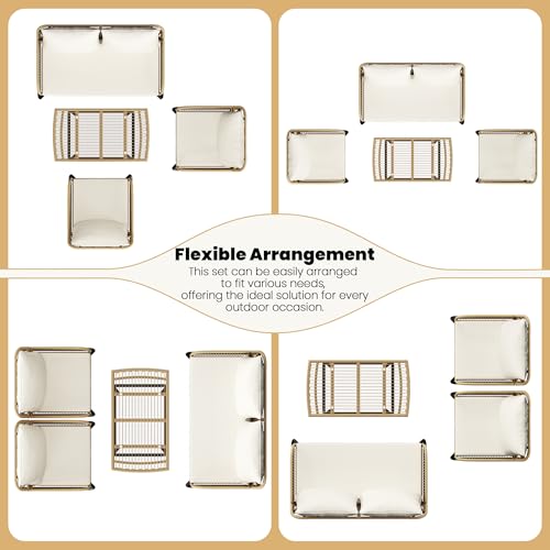 Yaheetech 4 Piece Patio Furniture Set, Outdoor Wicker Conversation Sets, Boho Loveseat & 2 Armchairs with Cushion and Pillow, Glass Top Table for Backyard, Porch, Balcony, Deck - Tan/Cream