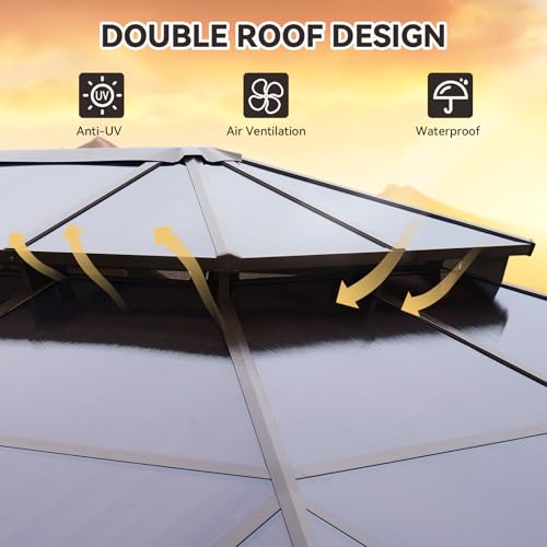 Aoxun 12'x16' Hardtop Gazebo, Outdoor Metal Gazebo with Double Polycarbonate Roof Canopy, Permanent Pavilion with Netting and Curtains for Lawn, Garden, Patio (Brown)