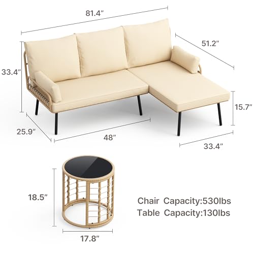 Gizoon 3-Piece Outdoor Patio Furniture Set, All-Weather PE Wicker L-Shaped Conversation Sofa with Thick Cushions & Glass Table, for Backyard, Porch, Balcony, Poolside (Beige)