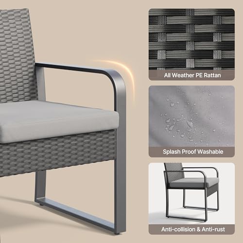 Gizoon 3 Piece Patio Bistro Set, Outdoor Black Wicker Furniture Sets, Modern Rattan Chair Conversation Sets with Coffee Table, for Yard, Garden, Balcony, Poolside, Cushion-Grey