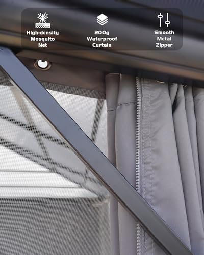 GarveeLife 12 ft x14 ft Hardtop Gazebo for All Weather, with Double Metal Roof, Aluminum Alloy Frame, Net, and Curtain, Permanent Building for Patio, Deck, Backyard, Lawn, and Garden, Gray