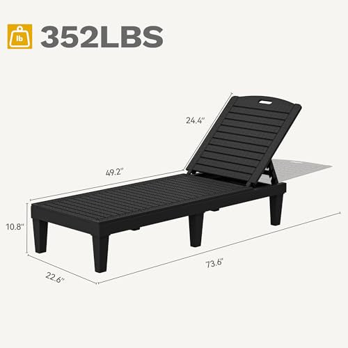 DWVO Outdoor Plastic Chaise Lounger, Poolside Lounge Chair w/5-Position Adjustable Backrest, Waterproof & Easy Setup for Patio, Poolside, Garden (Black, 1 PC)