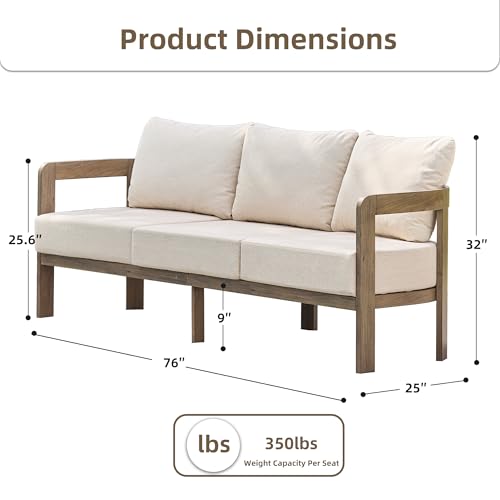 COMLAX FIELD Aluminum Outdoor Patio Sofa, 3-Seat All-Weather Metal Modern Couch with Washable Thick Cushion for Garden/Backyard/Porch, Beige