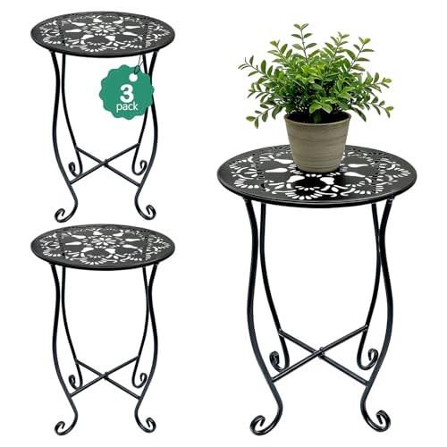 Arbuxzuy 3 Packs 17" Tall Round Metal Outdoor Side Tables for Patio, Decorative Black Flower Pot Stand, Rustproof Potted Holder, 120 lbs Load Capacity