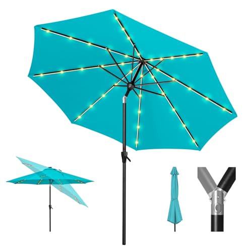 Tempera 9ft Patio LED Umbrella with light | Solar Outdoor Umbrella | Market Table Parasol with Push Button Tilt and Crank, with Sturdy Pole&Fade resistant canopy,Easy to set