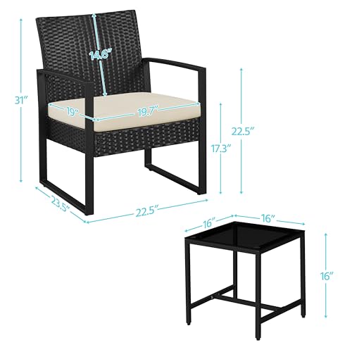 Yaheetech 3 Pieces Rattan Bistro Set, Outdoor Wicker Patio Modern Conversation Furniture, 2 Chairs & Tempered Glass Coffee Table for Garden, Balcony, Backyard, Poolside, Black/Beige