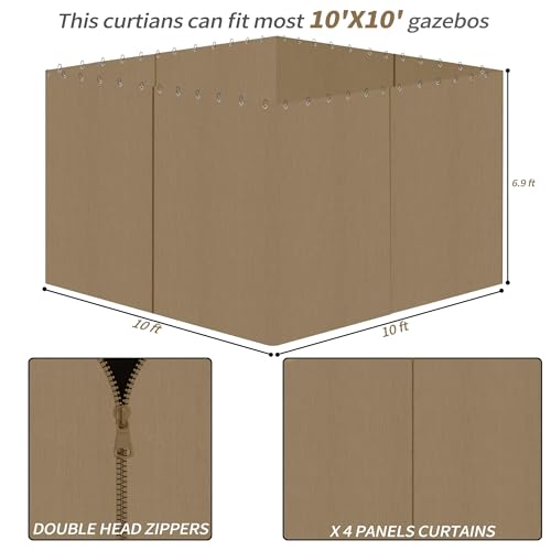 Gazebo Privacy Curtains with Zipper 4-Panels Side Wall Universal Replacement for Patio, Outdoor Canopy, Garden and Backyard (Curtain Only) (Khaki, 10'x12')