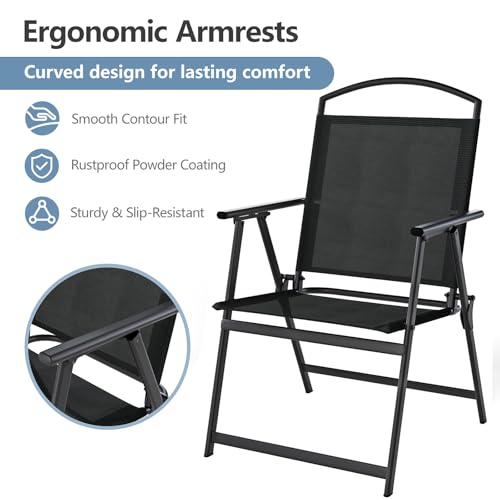 SWITTE Folding Patio Chairs Set of 2, Outdoor Dining Chairs with Armrests, Breathable Textilene & Steel Frame for Lawn, Garden, Yard or Poolside - Black