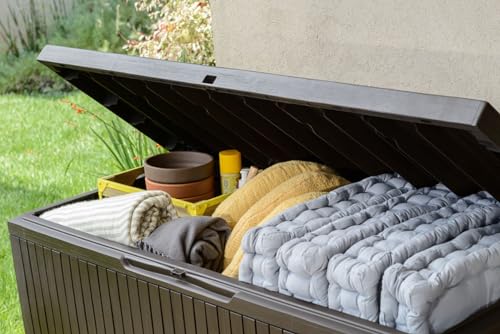 Keter Springwood 80 Gallon Resin Outdoor Storage Box for Patio Furniture Cushions, Pool Toys, and Garden Tools with Handles, Brown