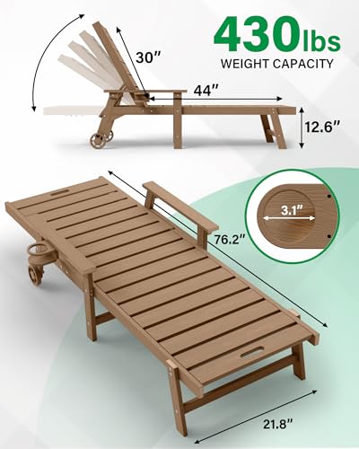 YEFU Lounge Chair Outdoor Set of 2: Outdoor Chaise Lounge with 5-Level Adjustable Backrest, Cup Holders & Wheels, All-Weather Resistance Chaise Lounge for Outside/Patio/Beach/Deck, Teak