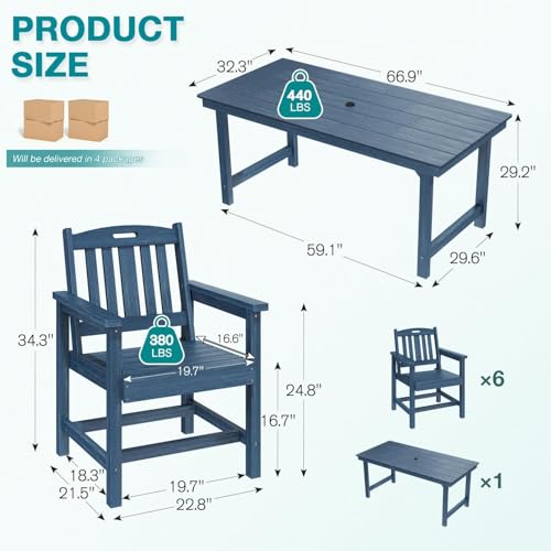 Mdeam 7-Piece HIPS Outdoor Dining Set, 66.9" Patio Table with Umbrella Hole, 440LBS Capacity, 6 Wider Chairs, Dining Table Set for 6, Indoor Outdoor Furniture with Galvanized Steel Frame, Navy Blue
