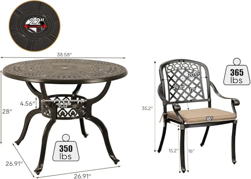Sumshadow 5-Piece Cast Aluminum Outdoor Patio Dining Set, All Weather Cast Aluminum Outdoor Furniture Dining Set for Patio, Balcony, Lawn, Garden, Backyard w/4 Chairs and Cushions, 2.0" Umbrella Hole