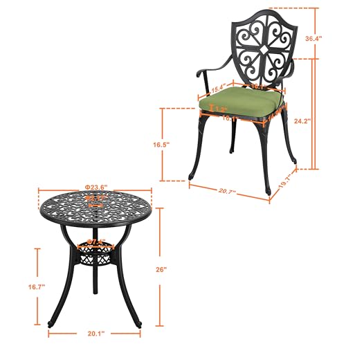 NUU GARDEN Outdoor 3-Piece Bistro Set with Cushions, Round 24 Inch Cast Aluminum Bistro Table with 2.17" Umbrella Hole, 2 Cast Aluminum Bistro Chairs, for Patio, Garden, Backyard and Balcony, Black