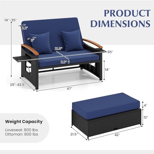 COSTWAY Patio Rattan Daybed, Outdoor Loveseat Sofa with Storage Ottoman, 4-Level Adjustable Backrest & Acacia Wood Armrest, Outdoor Wicker Daybed with Side Panels for Yard, Deck, Poolside (Black&Navy)