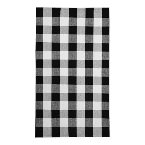 KOZYFLY Buffalo Plaid Area Rugs 3x5 Ft Black and White Checkered Rug Washable Front Door Mat Hand Woven Cotton Outdoor Rug Large Rug for Front Porch Kitchen Entryway Patio Bathroom