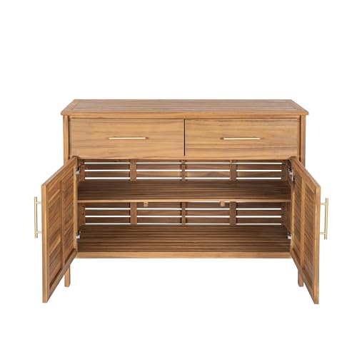 Merax Outdoor Patio Acacia Wood Cabinet, Natural Finish Storage Cabinet with 2 Drawers & Double-Door Shelf for Garden, Poolside, Patio