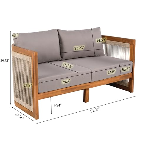 Christopher Knight Home Nesbit 4 Pieces Conversation Set, Acacia Wood Chat Set, Woven Rope Loveseat and Accent Chairs, Slat Panel Coffee Table, Patio Furniture Set for Backyard Balcony Garden, Gray