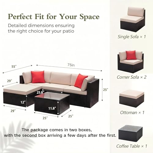 Devoko 5 Pieces Patio Furniture Sets All Weather Outdoor Sectional Patio Sofa Manual Weaving Wicker Rattan Patio Seating Sofas with Cushion and Glass Table (Beige)
