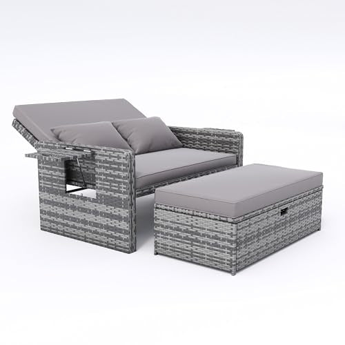 Amopatio Wicker Outdoor Daybed, Outdoor Loveseat with Storage Ottoman, Rattan Patio Daybed, Patio Loveseat with 4-Level Adjustable Backrest & Folding Tray, for Yard, Balcony, Porch, Poolside, Grey