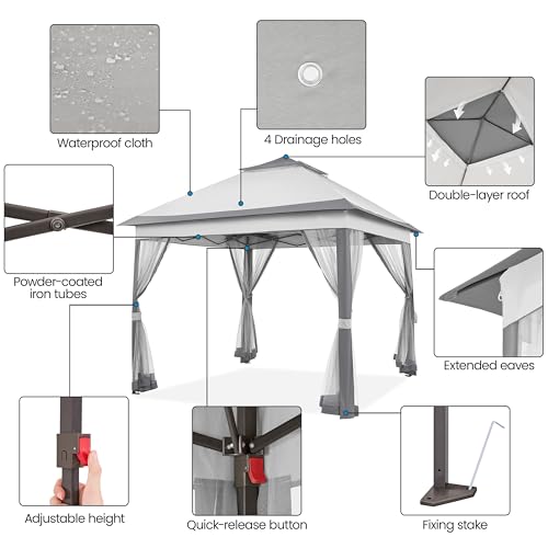 Yaheetech 11x11 Pop Up Gazebo Outdoor Canopy Shelter, Instant Patio Gazebo Sun Shade Canopy Tent with 4 Sandbags, 2 Tiers Roof & Mesh Netting for Lawn, Garden, Backyard & Deck, Gray