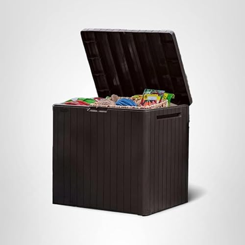 Keter City 30 Gallon Resin Outdoor Storage Box and Patio Furniture Side Table for Pool and Garden Accessories, Brown