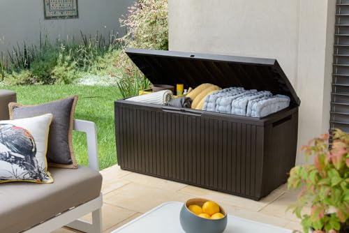 Keter Springwood 80 Gallon Resin Outdoor Storage Box for Patio Furniture Cushions, Pool Toys, and Garden Tools with Handles, Brown