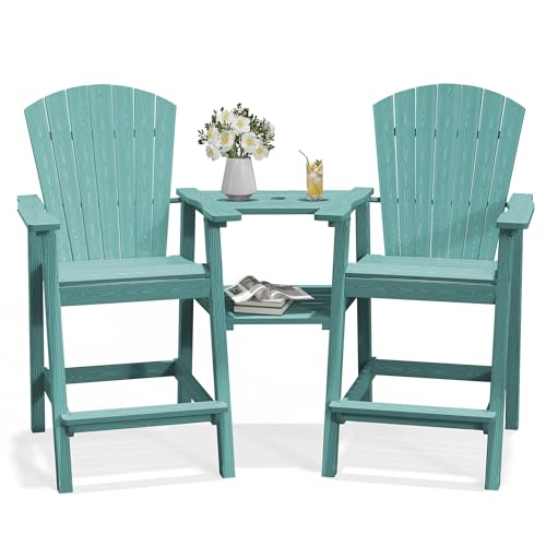 PLUUV Tall Adirondack Chairs Set of 2 with Double Connecting Trays, All Weather HDPE Bar Height Outdoor Chairs, Outdoor Adirondack Barstools with Umbrella Hole for Balcony, Patio, Backyard, Aruba