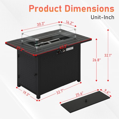 PayLessHere Propane Fire Pit Table, 50,000 BTU CSA-Certified Outdoor Gas Fire Table with Lid, Lava Rock & Glass Wind Guard, Smokeless Patio Firepit for Backyard, Deck & Garden (43 inch)