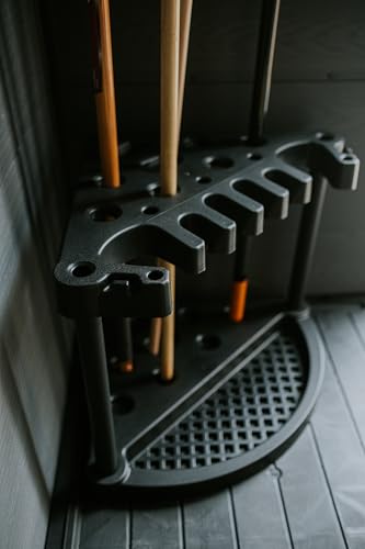 Keter Compact Corner Tool Rack for Maximum Storage and Organization - Easy to Assemble and Organize 25 Long-Handled Garden Tools, Rakes, Brooms, Shovels and Accessories
