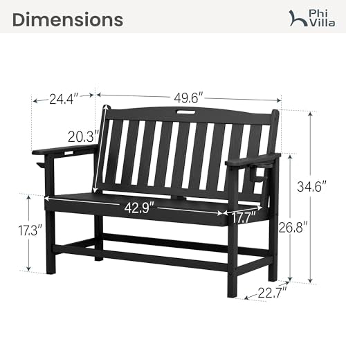 PHI Villa 50 Inches HDPE Outdoor Bench Weatherproof Garden Bench with 700 lbs Capacity, 2-Person Patio Benches for Outside, Park, Yard and Porch, Black