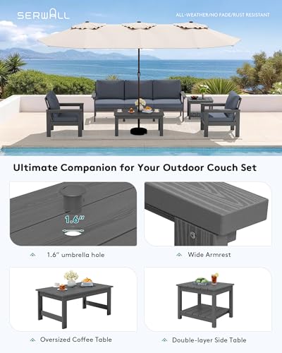 SERWALL HDPE Patio Furniture Set, 7-piece Outdoor Sectional Sofa Set, All Weather Outdoor Couch Set for Deck, Lawn, Grey Frame with Grey Cushion