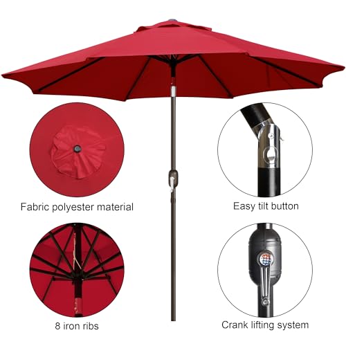 Blissun 9' Outdoor Patio Umbrella, Outdoor Table Umbrella, Yard Umbrella, Market Umbrella with 8 Sturdy Ribs, Push Button Tilt and Crank (Red)