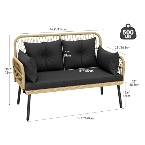 YITAHOME Patio Furniture Wicker Outdoor Loveseat, All-Weather Rattan Conversation for Backyard, Balcony and Deck with Soft Cushions (Light Brown+Black)