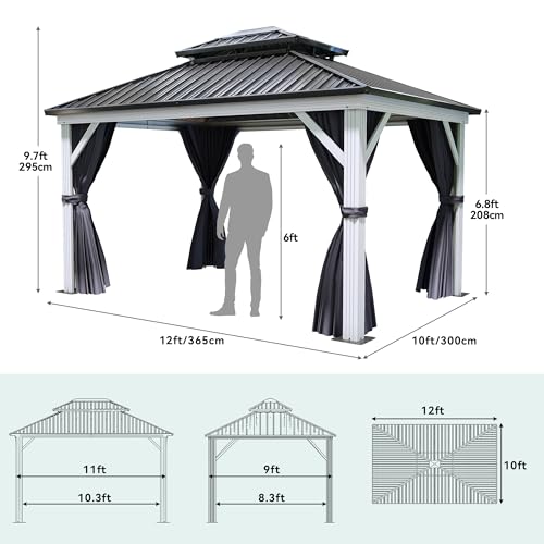 YITAHOME White Gazebo 10x12ft Hardtop Double Roof Canopy Galvanized Iron Aluminum Frame Outdoor Gazebo with Netting and Shaded Curtains Garden Tent for Patio, Backyard, Deck and Lawns, Grey Curtain