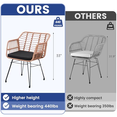 KROFEM 3 Piece Wicker Patio Bistro Furniture Set, Includes 2 Rattan Chairs and Glass Top Table, Ideal for Porch, Outdoor, Backyard, Apartment, Balcony, Natural