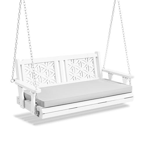 VINGLI 4.5 FT Outdoor Porch Swing with Cushions, Heavy Duty 880 LBS 2-Person Wooden Patio Swings with Eternal Flower Pattern and Fade-Resistant Seat Cushion for Yard, Garden, Tree (White)