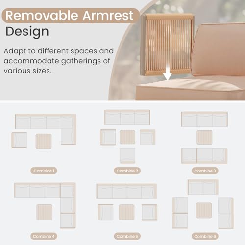 EROMMY 7 Pieces Patio Sectional Furniture Set, Aluminum Frame Outdoor Conversation Set with Single seat, 6" Thick Cushions & Coffee Table, All-Weather Sofa for Poolside, Deck & Backyard, Beige