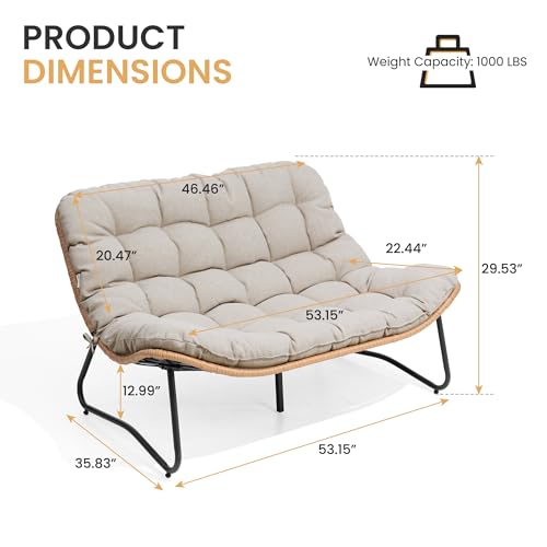 Crestlive Products Outdoor Loveseat, 2 Seater Outdoor Couch with Soft Cushion, All-Weather Boho Rattan Patio Furniture for Balcony, Poolside, Backyard, Porch (Beige)