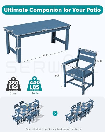 SERWALL Outdoor Dining Table Set, 67‘’ HDPE Patio Dining Set for 4, All-Weather Outdoor Table and Chairs Set for Deck, Blue