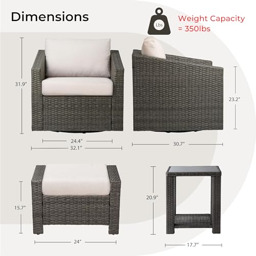 CHITA 5 Pieces Swivel Wicker Patio Furniture Set, Outdoor Conversation Set with 2 Pieces Rattan Swivel Chairs, 2 Pieces Ottomans, Thickened Cushions and Side Table, Beige Cushions with Grey Wicker