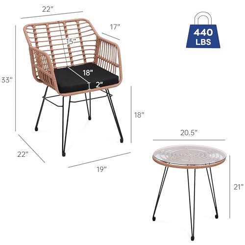 KROFEM 3 Piece Wicker Patio Bistro Furniture Set, Includes 2 Rattan Chairs and Glass Top Table, Ideal for Porch, Outdoor, Backyard, Apartment, Balcony, Natural