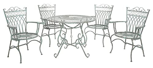 SAFAVIEH Outdoor - Thessaly 5-Piece Bistro Dining Set - Antique Dark Green Iron Metal - Vintage Victorian Scrollwork - Ideal for Patio, Deck, Porch, Garden (PAT5003D)