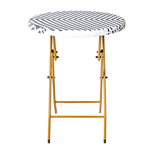 Flash Furniture Rouen Commercial Grade Folding Bistro Set, Indoor/Outdoor PE Rattan Table Top, Back and Seat, Natural Steel Frames, 3 Piece Set, Navy/White