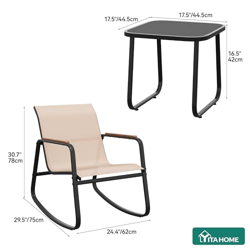 YITAHOME 3 Piece Outdoor Rocking Bistro Set, Textilene Patio Furniture Set with Wooden Armrests, Porch Chairs Set with Glass Table for Garden, Lawn, Poolside, Balcony, Beige